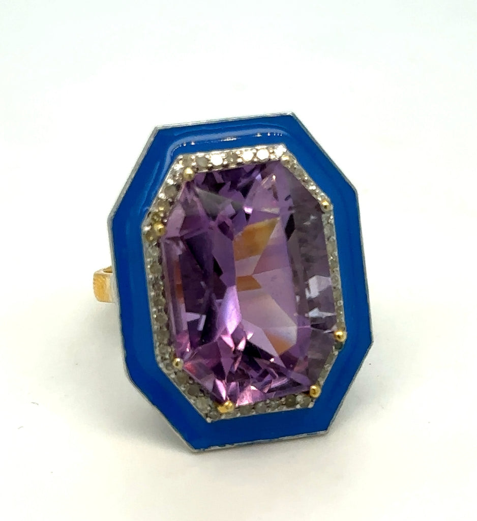 Amethyst, Diamond and Enamel Ring - Ancient & W