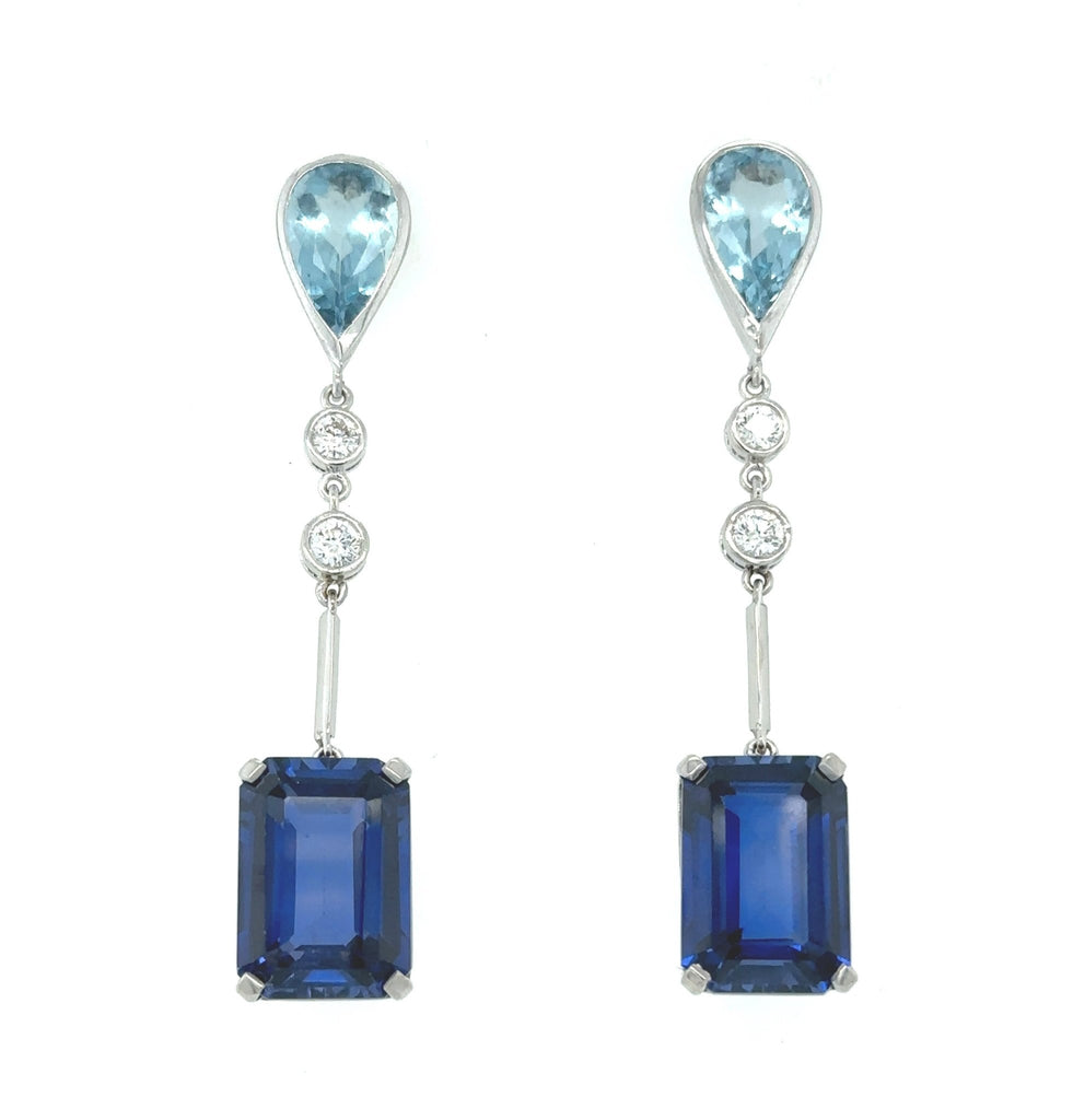 Aquamarine Diamond and Sapphire Ear Pendants - Ancient & W