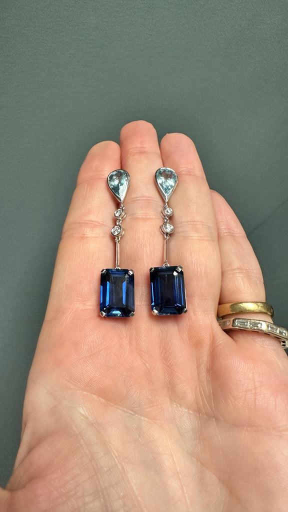 Aquamarine Diamond and Sapphire Ear Pendants - Ancient & W