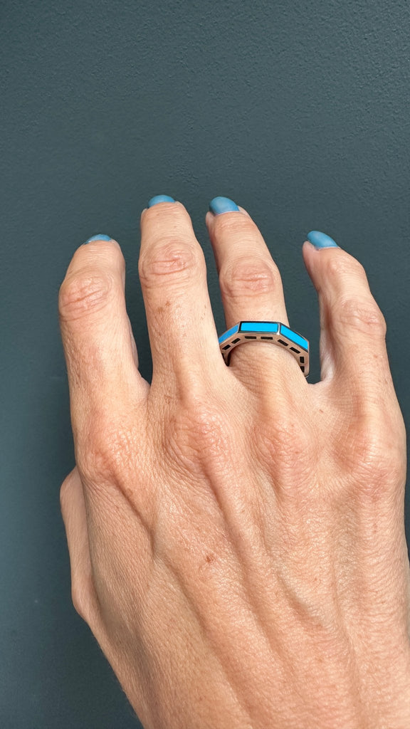 Blue Enamel Octagonal Ring - Ancient & W